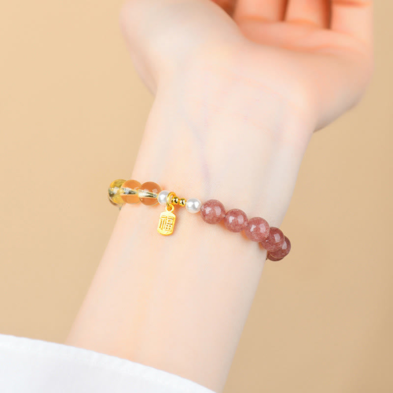 Buddha Stones Erdbeerquarz-Citrin-Armband mit Fünf-Elementen-Symbol (Fu-Charakter) - image 2