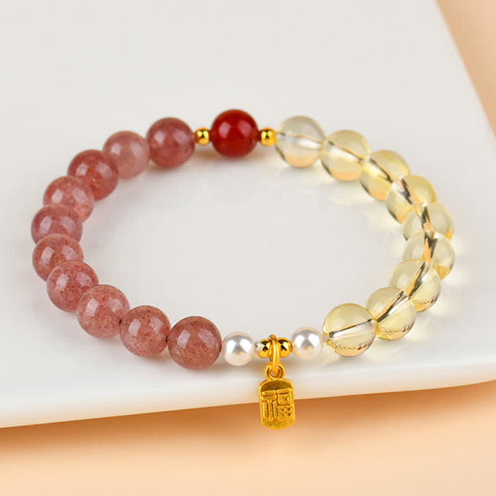 Buddha Stones Erdbeerquarz-Citrin-Armband mit Fünf-Elementen-Symbol (Fu-Charakter) - image 1