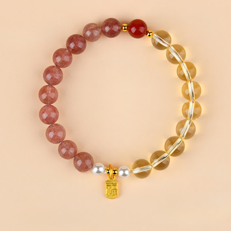 Buddha Stones Erdbeerquarz-Citrin-Armband mit Fünf-Elementen-Symbol (Fu-Charakter) - Feuer Metall Erde (Handgelenkumfang: 15–16 cm) - image 0