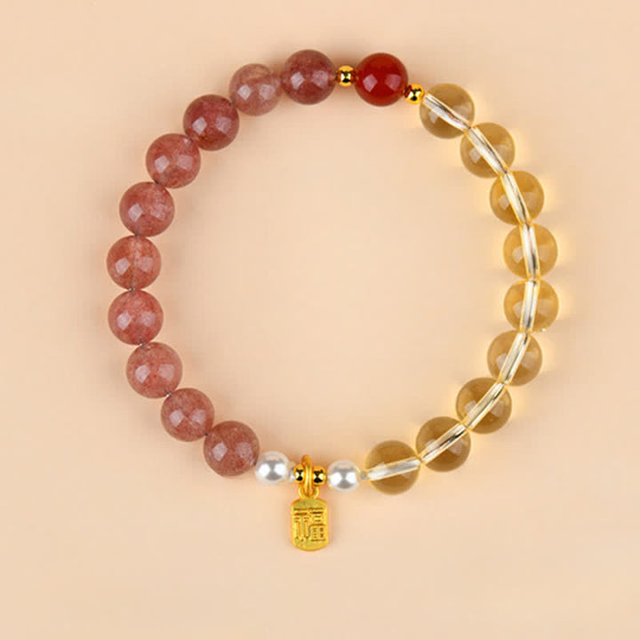 Buddha Stones Erdbeerquarz-Citrin-Armband mit Fünf-Elementen-Symbol (Fu-Charakter) - Feuer Metall Erde (Handgelenkumfang: 15–16 cm) - image 0