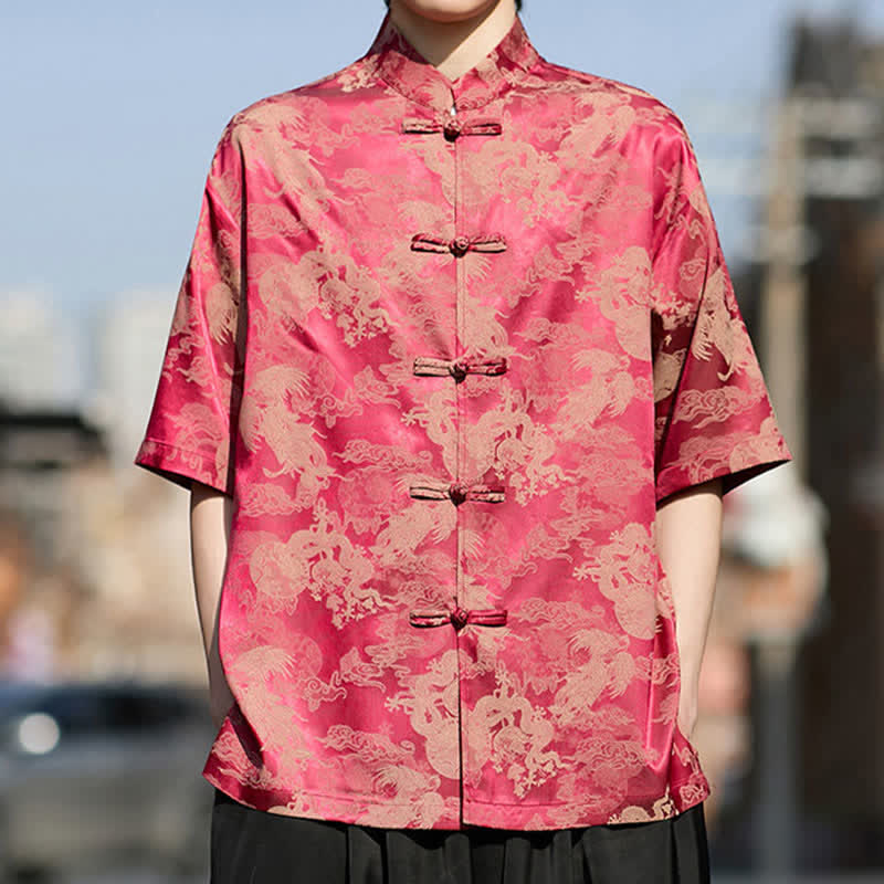 Buddha Stones Sommerliche Kurzarmhemden im Tang-Stil mit Froschknöpfen und Tiermuster für Herren - Purpurrot - US/ UK/AU46, EU56 (5XL) - image 0