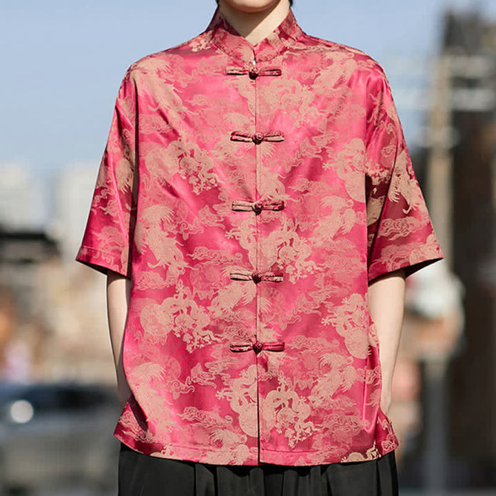 Buddha Stones Sommerliche Kurzarmhemden im Tang-Stil mit Froschknöpfen und Tiermuster für Herren - Purpurrot - US/ UK/AU46, EU56 (5XL) - image 0
