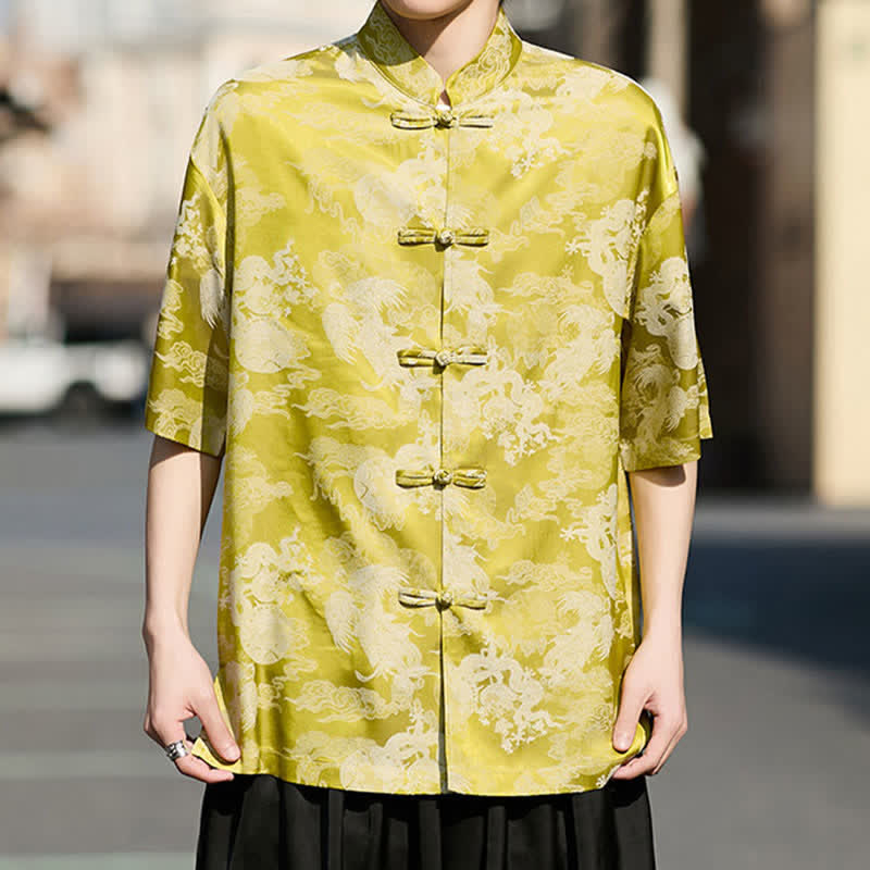 Buddha Stones Sommerliche Kurzarmhemden im Tang-Stil mit Froschknöpfen und Tiermuster für Herren - Gelb - US/ UK/AU46, EU56 (5XL) - image 10