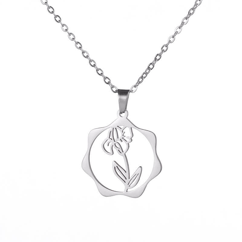 Buddha Stones Halskette aus Titanstahl mit Geburtsblume/Lotus-Anhänger – Symbol der Erleuchtung - Iris - Silberner Titanstahl - image 17