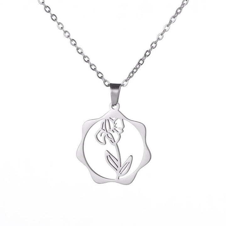 Buddha Stones Halskette aus Titanstahl mit Geburtsblume/Lotus-Anhänger – Symbol der Erleuchtung - Iris - Silberner Titanstahl - image 17