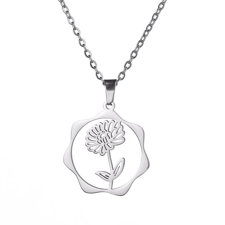 Buddha Stones Halskette aus Titanstahl mit Geburtsblume/Lotus-Anhänger – Symbol der Erleuchtung - Chrysantheme - Silberner Titanstahl - image 8