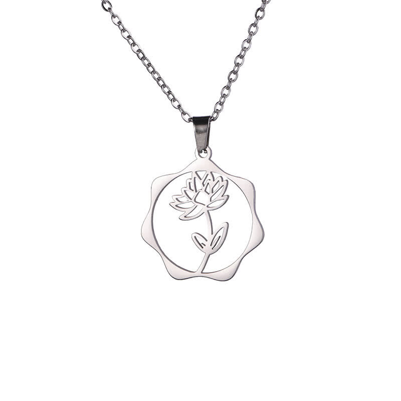 Buddha Stones Halskette aus Titanstahl mit Geburtsblume/Lotus-Anhänger – Symbol der Erleuchtung - Lotus - Silberner Titanstahl - image 0