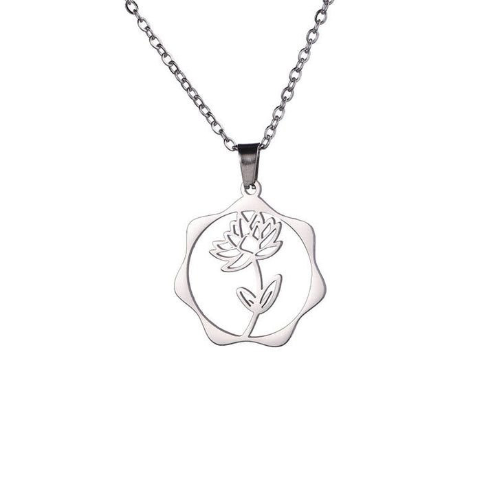 Buddha Stones Halskette aus Titanstahl mit Geburtsblume/Lotus-Anhänger – Symbol der Erleuchtung - Lotus - Silberner Titanstahl - image 0