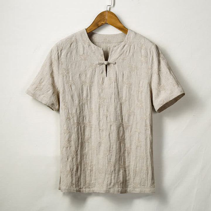 Buddha Stones Sommerliches Kurzarmhemd im Tang-Stil mit einem Froschknopf, einfarbigem Blattmuster und Blattmuster für Herren - Leinen - US/ UK/AU44, EU54 (4XL) - image 0