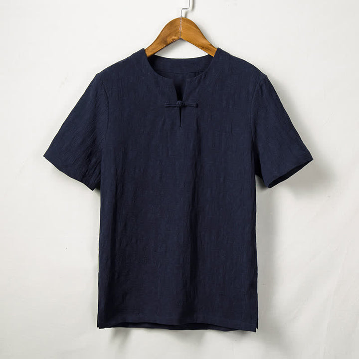 Buddha Stones Sommerliches Kurzarmhemd im Tang-Stil mit einem Froschknopf, einfarbigem Blattmuster und Blattmuster für Herren - Mitternachtsblau - US/ UK/AU44, EU54 (4XL) - image 4