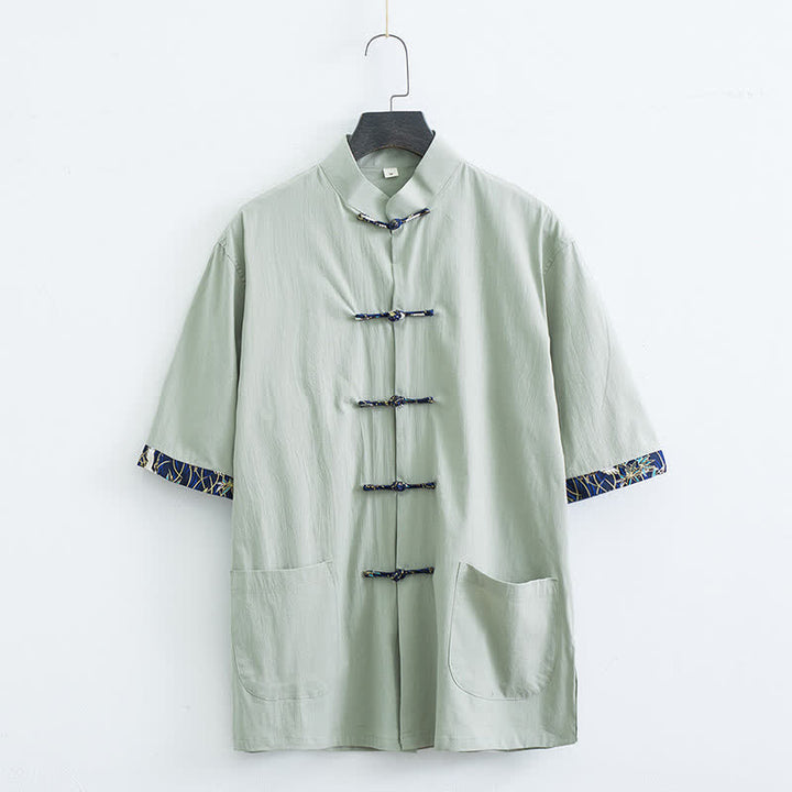 Buddha Stones Sommerliches Herrenhemd im Tang-Stil mit Stehkragen, Froschknopfleiste und kurzen Ärmeln sowie Taschen - Dunkelseegrün - US/ UK/AU44, EU54 (4XL) - image 11