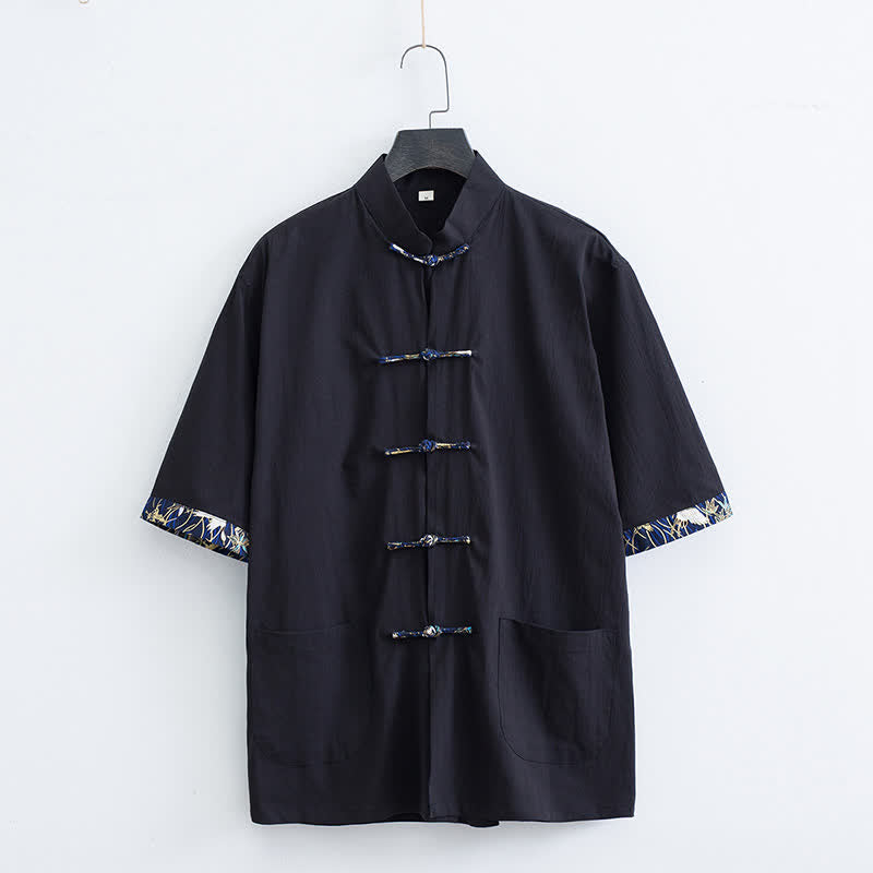 Buddha Stones Sommerliches Herrenhemd im Tang-Stil mit Stehkragen, Froschknopfleiste und kurzen Ärmeln sowie Taschen - Schwarz - US/ UK/AU44, EU54 (4XL) - image 5