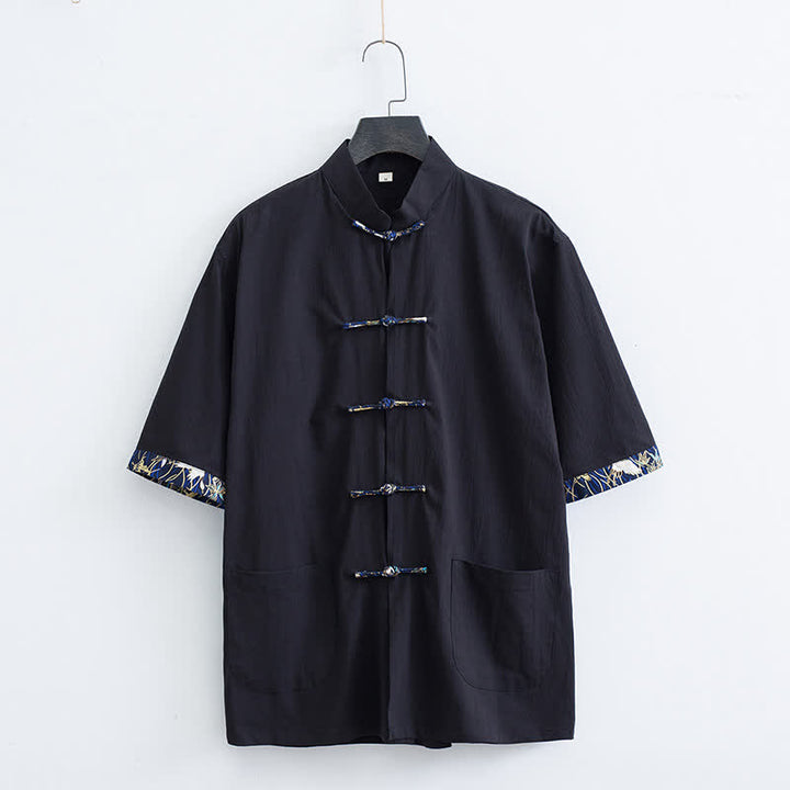 Buddha Stones Sommerliches Herrenhemd im Tang-Stil mit Stehkragen, Froschknopfleiste und kurzen Ärmeln sowie Taschen - Schwarz - US/ UK/AU44, EU54 (4XL) - image 5
