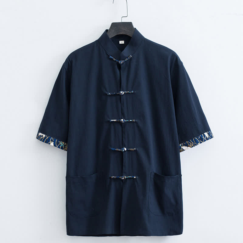 Buddha Stones Sommerliches Herrenhemd im Tang-Stil mit Stehkragen, Froschknopfleiste und kurzen Ärmeln sowie Taschen - Marine - US/ UK/AU44, EU54 (4XL) - image 3