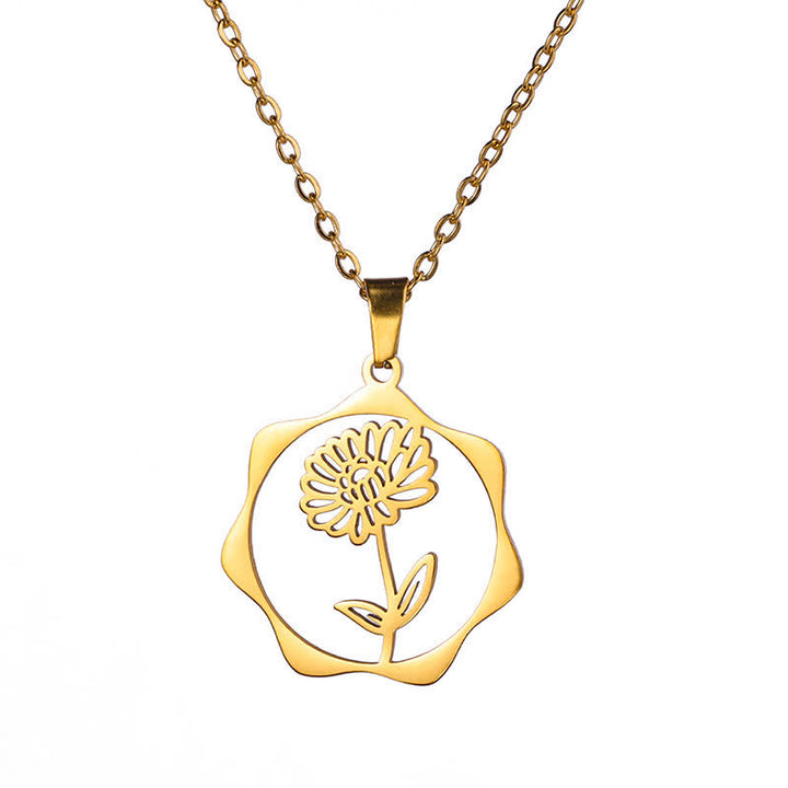 Buddha Stones Halskette aus Titanstahl mit Geburtsblume/Lotus-Anhänger – Symbol der Erleuchtung - Chrysantheme - Goldener Titanstahl - image 10