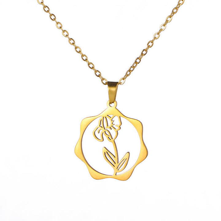 Buddha Stones Halskette aus Titanstahl mit Geburtsblume/Lotus-Anhänger – Symbol der Erleuchtung - Iris - Goldener Titanstahl - image 18