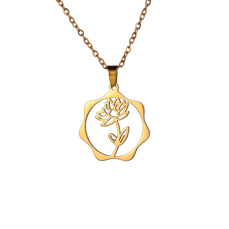 Buddha Stones Halskette aus Titanstahl mit Geburtsblume/Lotus-Anhänger – Symbol der Erleuchtung - Lotus - Goldener Titanstahl - image 1