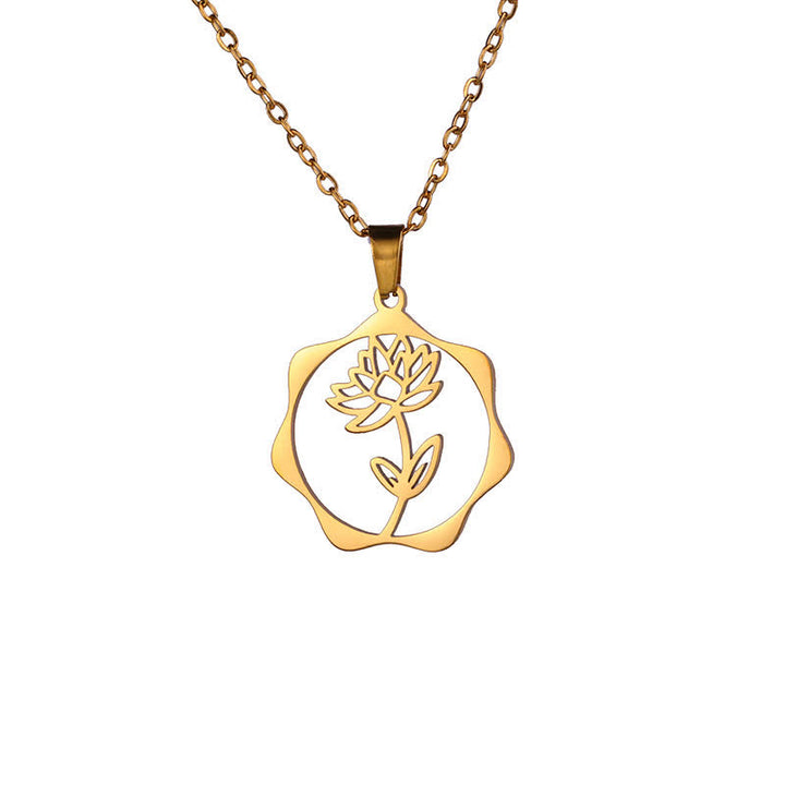 Buddha Stones Halskette aus Titanstahl mit Geburtsblume/Lotus-Anhänger – Symbol der Erleuchtung - Lotus - Goldener Titanstahl - image 1