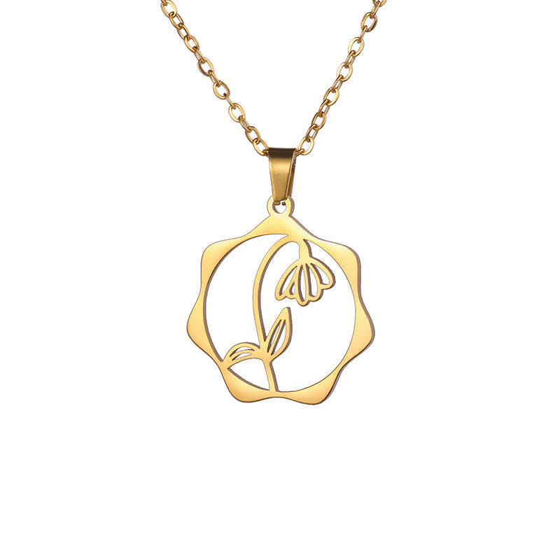 Buddha Stones Halskette aus Titanstahl mit Geburtsblume/Lotus-Anhänger – Symbol der Erleuchtung - Schneeglöckchen - Goldener Titanstahl - image 28