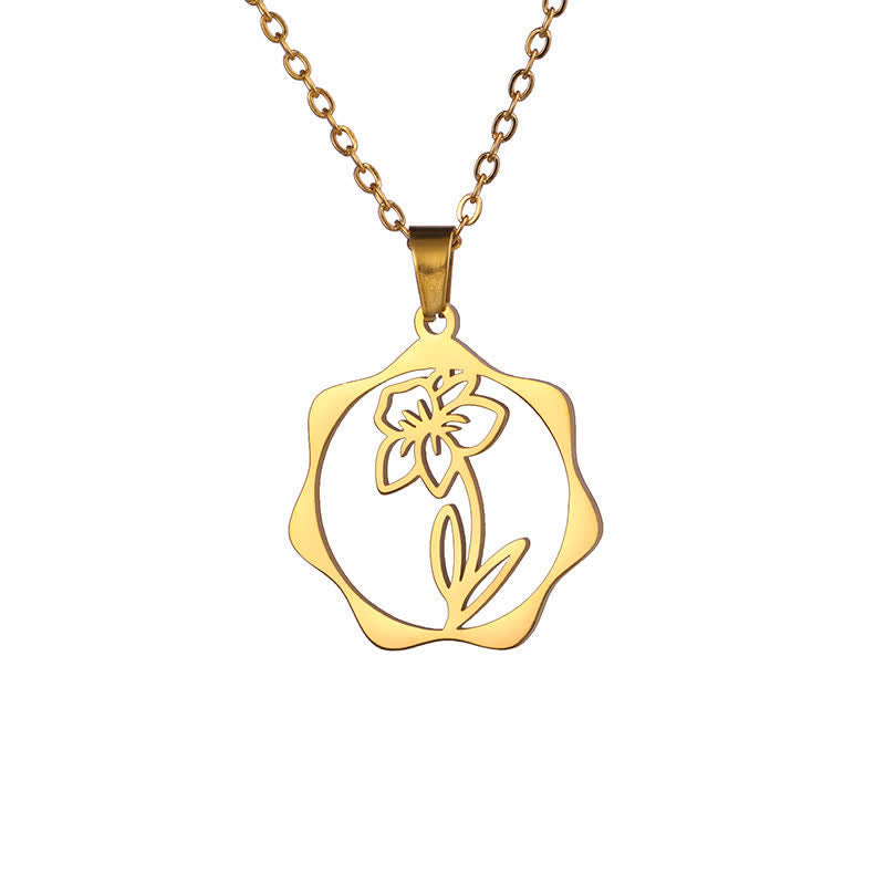 Buddha Stones Halskette aus Titanstahl mit Geburtsblume/Lotus-Anhänger – Symbol der Erleuchtung - Narzisse - Goldener Titanstahl - image 30