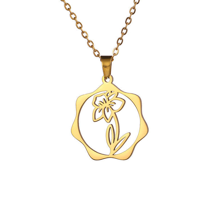 Buddha Stones Halskette aus Titanstahl mit Geburtsblume/Lotus-Anhänger – Symbol der Erleuchtung - Narzisse - Goldener Titanstahl - image 30