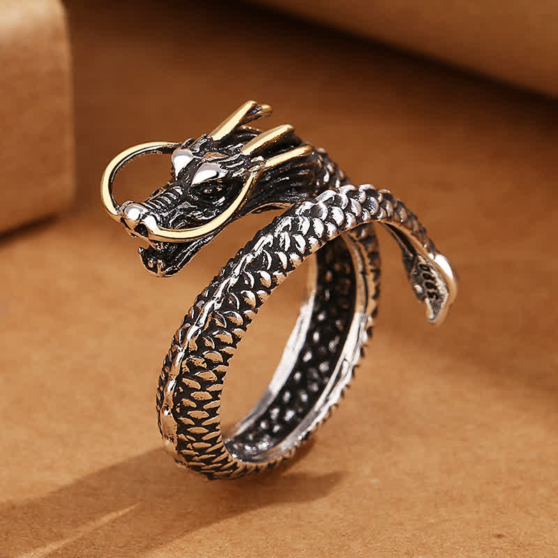 Buddha Stones Copper Dragon Strength Vintage verstellbarer offener Ring - Kupfer (Reichtum ♥ Selbstfürsorge) - Drache (Goldene Schnurrhaare) - image 0