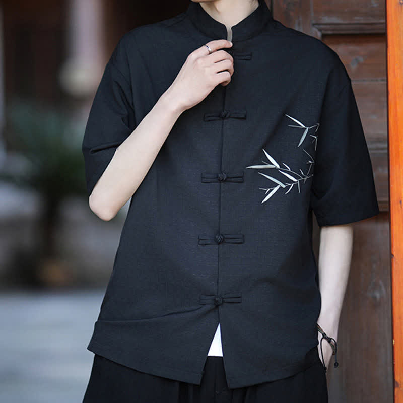 Buddha Stones Sommerliches Kurzarmhemd im Tang-Stil mit Stehkragen, Froschknöpfen und Bambusstickerei für Herren - Schwarz - US/ UK/AU46, EU56 (5XL) - image 8