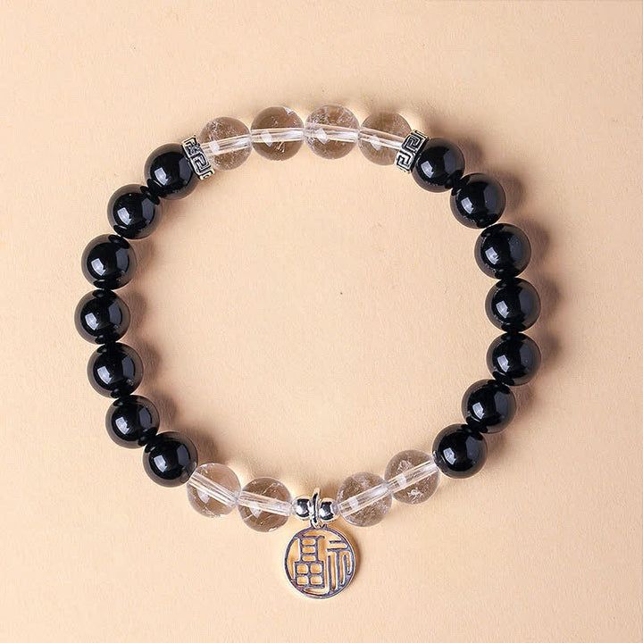 Buddha Stones Schwarzes Onyx-Fu-Charakter-Perlenarmband - Schwarzer Onyx, klarer Quarz (Handgelenkumfang: 15–16 cm) - image 0