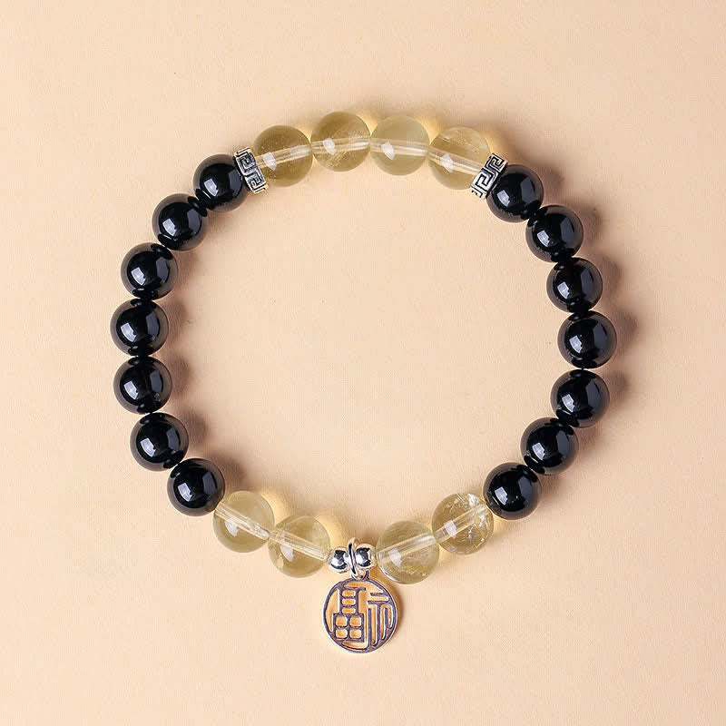 Buddha Stones Schwarzes Onyx-Fu-Charakter-Perlenarmband - Schwarzer Onyx-Citrin (Handgelenkumfang: 15–16 cm) - image 1