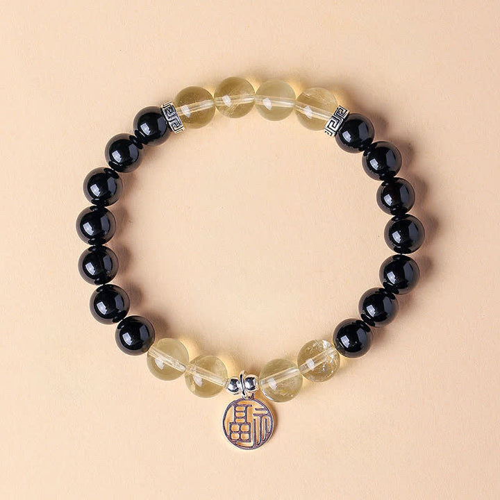 Buddha Stones Schwarzes Onyx-Fu-Charakter-Perlenarmband - Schwarzer Onyx-Citrin (Handgelenkumfang: 15–16 cm) - image 1