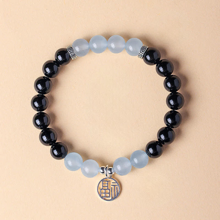 Buddha Stones Schwarzes Onyx-Fu-Charakter-Perlenarmband - Schwarzer Onyx, blauer Chalcedon (Handgelenkumfang: 15–16 cm) - image 12