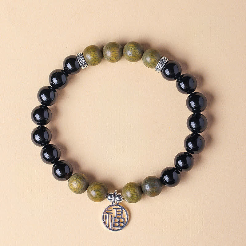 Buddha Stones Schwarzes Onyx-Fu-Charakter-Perlenarmband - Schwarzer Onyx, grünes Sandelholz (Handgelenkumfang: 15–16 cm) - image 16