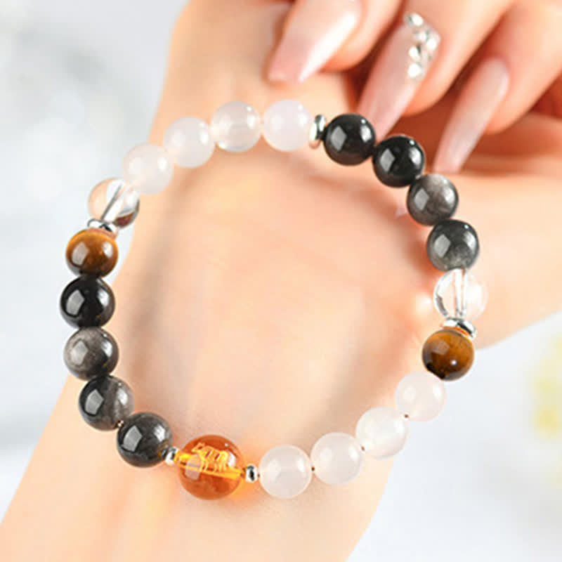 Buddha Stones Armband aus natürlichen Kristallen, silberglänzendem Obsidian, chinesischem Tierkreiszeichen und Schutzsymbol - Ochse (Handgelenkumfang: 15–16 cm) - image 3