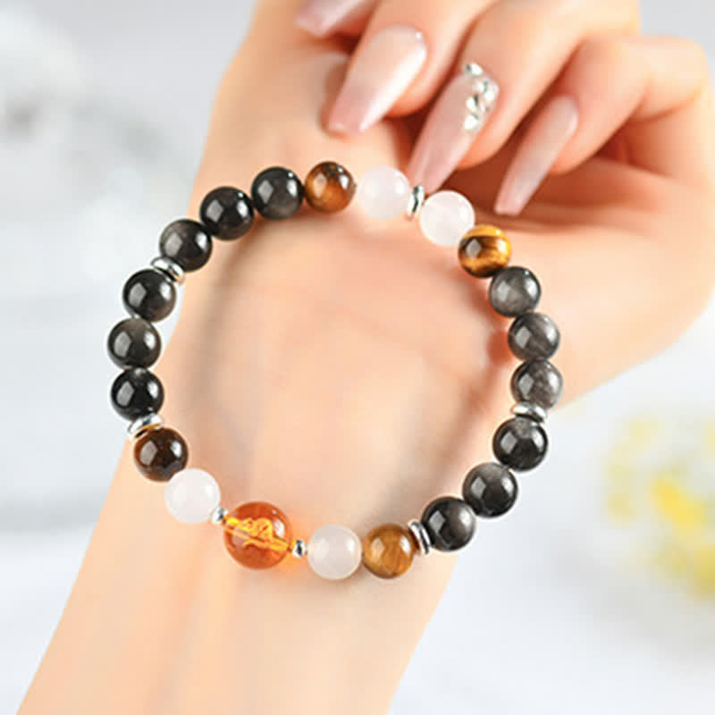 Buddha Stones Armband aus natürlichen Kristallen, silberglänzendem Obsidian, chinesischem Tierkreiszeichen und Schutzsymbol - Ratte (Handgelenkumfang: 15–16 cm) - image 0