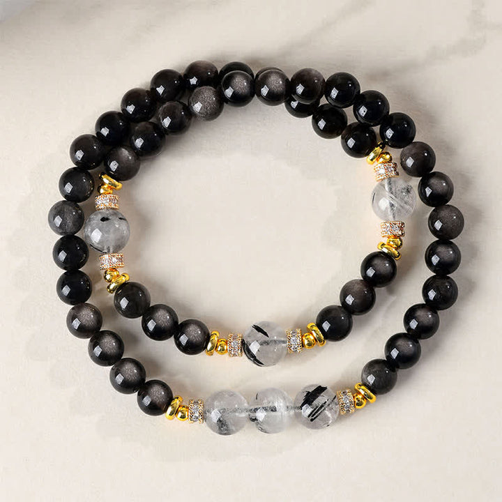 Buddha Stones Natürliches, silberglänzendes Obsidian-Armband mit doppelter Wicklung – beruhigend - Silberglänzender Obsidian (Erdung♥Intuition) - image 0