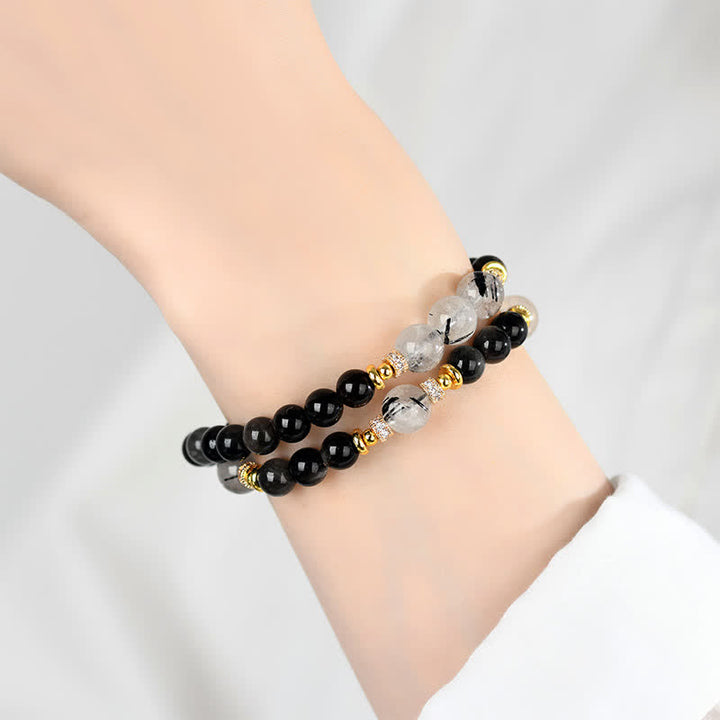 Buddha Stones Natürliches, silberglänzendes Obsidian-Armband mit doppelter Wicklung – beruhigend - image 4
