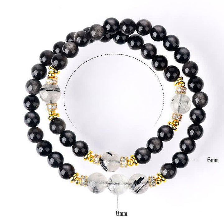 Buddha Stones Natürliches, silberglänzendes Obsidian-Armband mit doppelter Wicklung – beruhigend - image 8