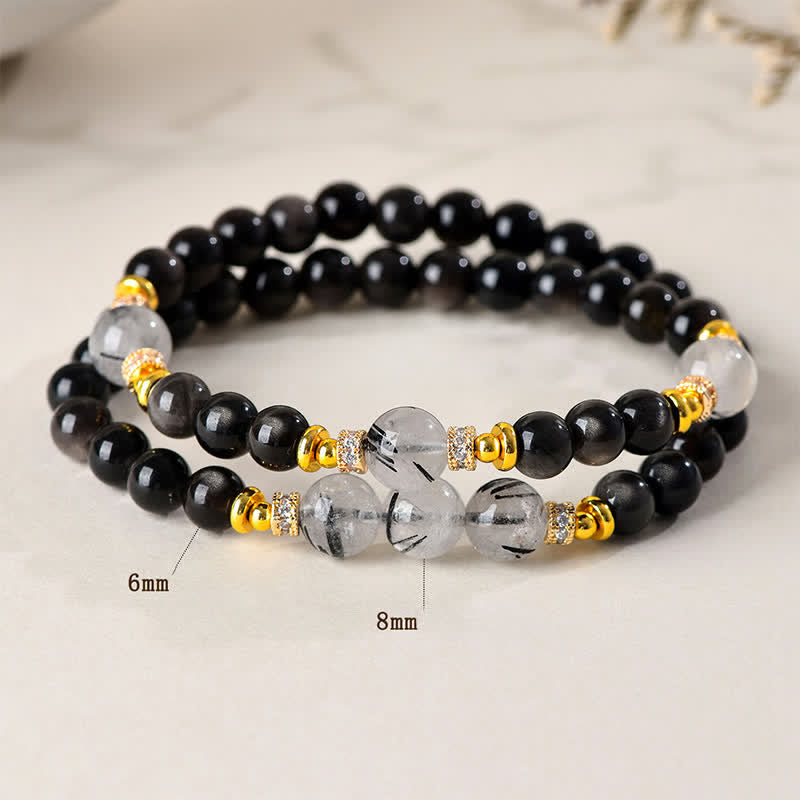 Buddha Stones Natürliches, silberglänzendes Obsidian-Armband mit doppelter Wicklung – beruhigend - image 3