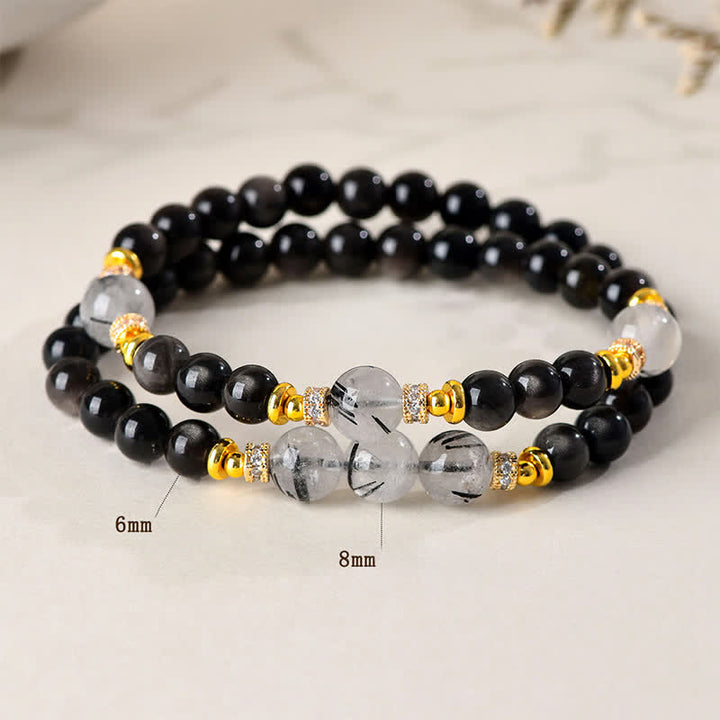 Buddha Stones Natürliches, silberglänzendes Obsidian-Armband mit doppelter Wicklung – beruhigend - image 3