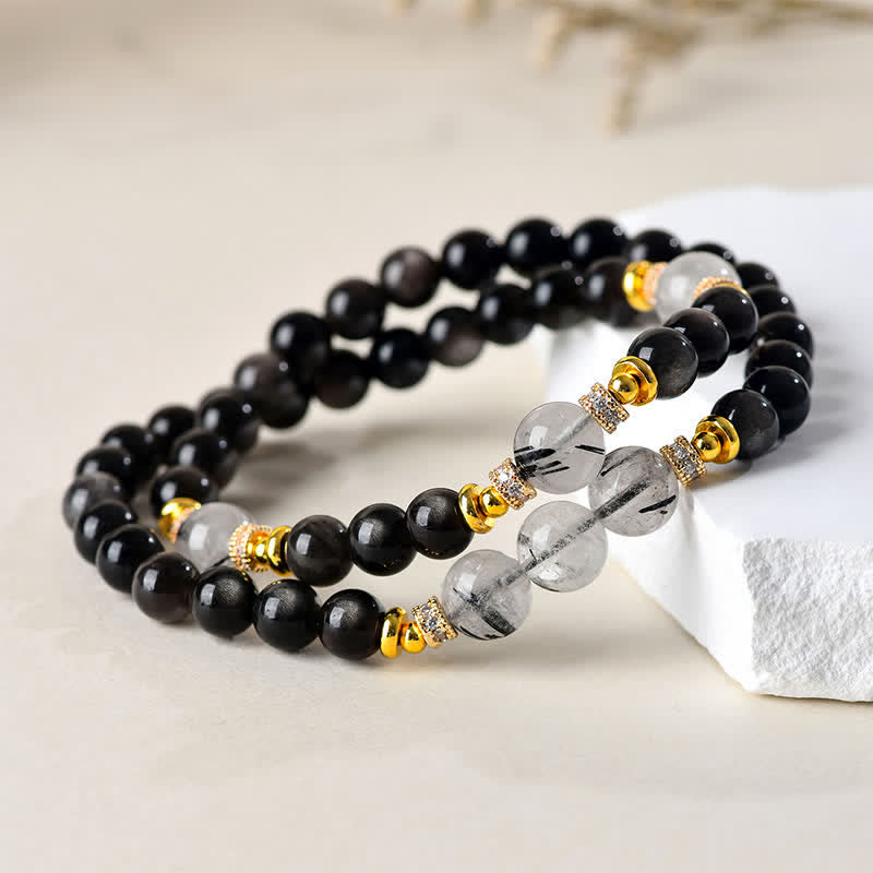 Buddha Stones Natürliches, silberglänzendes Obsidian-Armband mit doppelter Wicklung – beruhigend - image 1