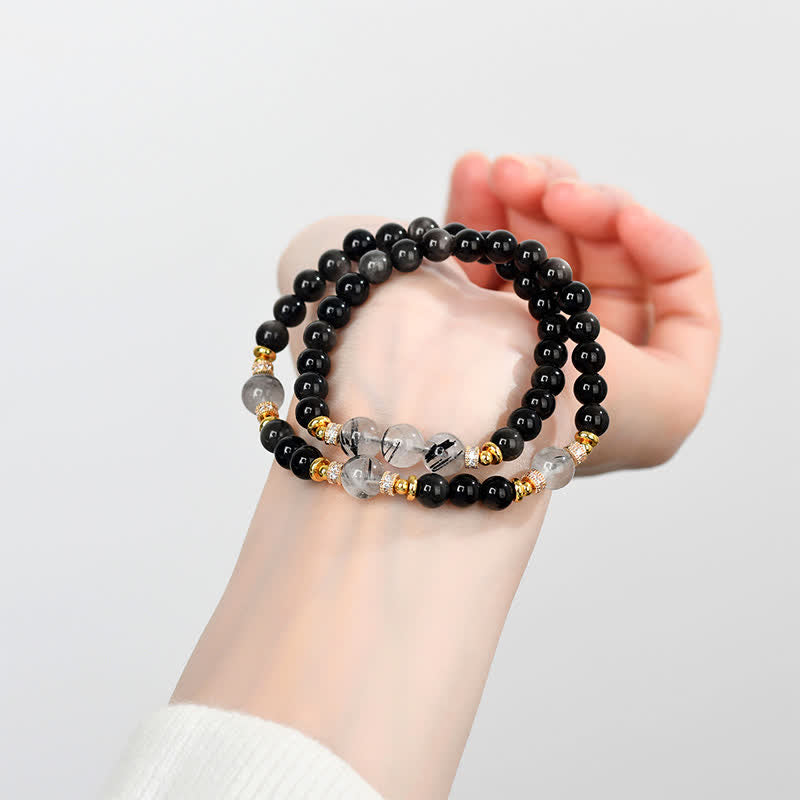 Buddha Stones Natürliches, silberglänzendes Obsidian-Armband mit doppelter Wicklung – beruhigend - image 7