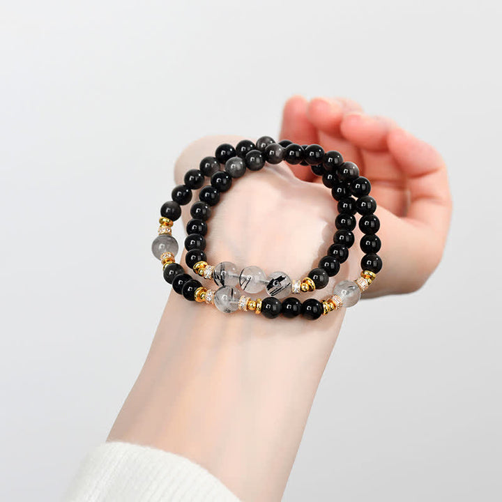 Buddha Stones Natürliches, silberglänzendes Obsidian-Armband mit doppelter Wicklung – beruhigend - image 7