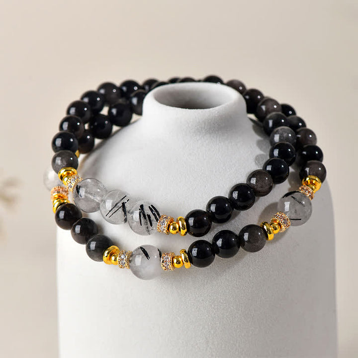Buddha Stones Natürliches, silberglänzendes Obsidian-Armband mit doppelter Wicklung – beruhigend - image 2