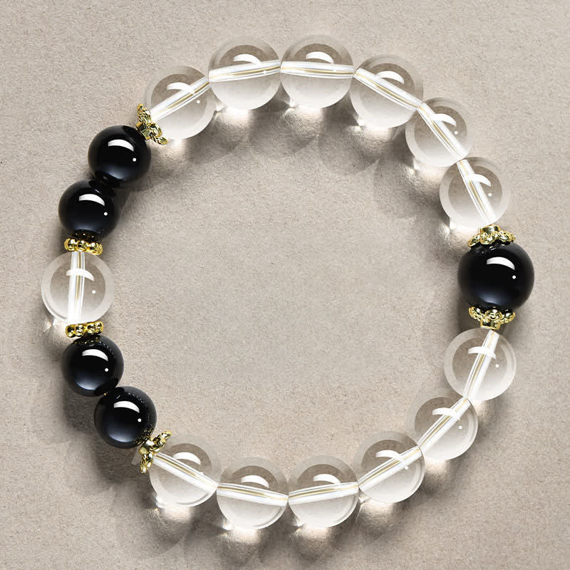 Buddha Stones Heilendes Armband aus natürlichen, klaren Quarzperlen - 10 mm klarer Quarz, schwarzer Obsidian (Handgelenkumfang: 16–17 cm) - image 4