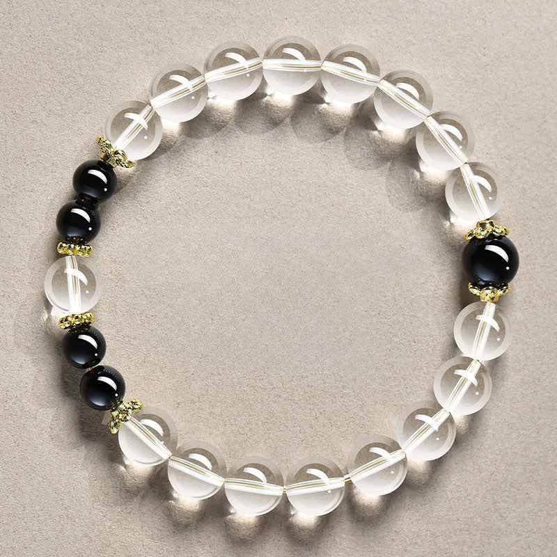 Buddha Stones Heilendes Armband aus natürlichen, klaren Quarzperlen - 8 mm klarer Quarz, schwarzer Obsidian (Handgelenkumfang: 15–16 cm) - image 0