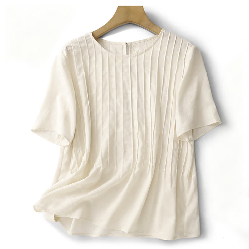 Buddha Stones Elegante, plissierte, einfarbige Kurzarm-T-Shirts für Damen – perfekt für den Sommer - Beige - US6, UK/AU10, EU38 (XL) - image 1