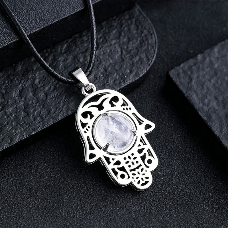 Buddha Stones Halskette aus schwarzem Obsidian mit Hamsa-Palm-Einlage und Kristallstärke - Natürlicher, klarer Quarz (Farbe kann variieren) - image 14