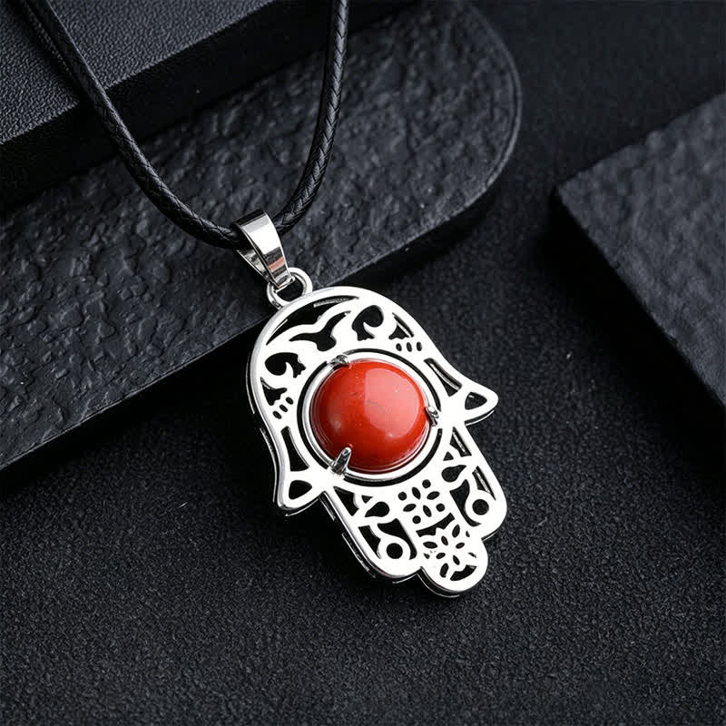 Buddha Stones Halskette aus schwarzem Obsidian mit Hamsa-Palm-Einlage und Kristallstärke - Natürlicher roter Stein (Farbe kann variieren) - image 12