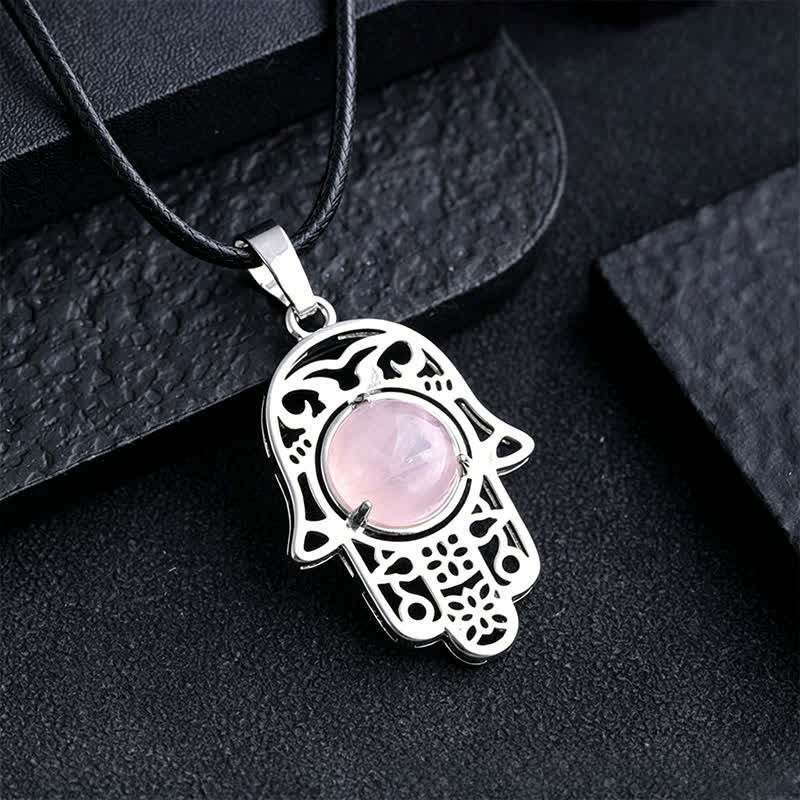 Buddha Stones Halskette aus schwarzem Obsidian mit Hamsa-Palm-Einlage und Kristallstärke - Natürlicher Rosenquarz (Farbe kann variieren) - image 18