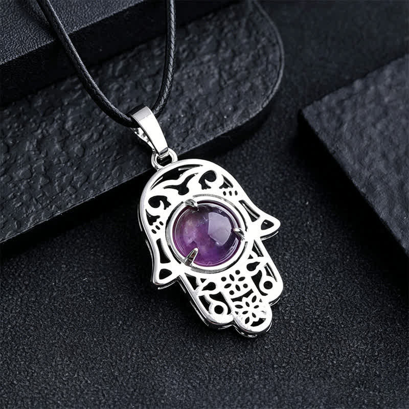 Buddha Stones Halskette aus schwarzem Obsidian mit Hamsa-Palm-Einlage und Kristallstärke - Natürlicher Amethyst (Farbe kann variieren) - image 6